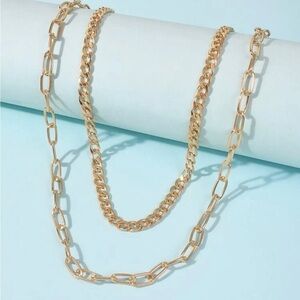 Unisex Double Luxe Gold Chain Necklace Layered Link & Curb Combo
